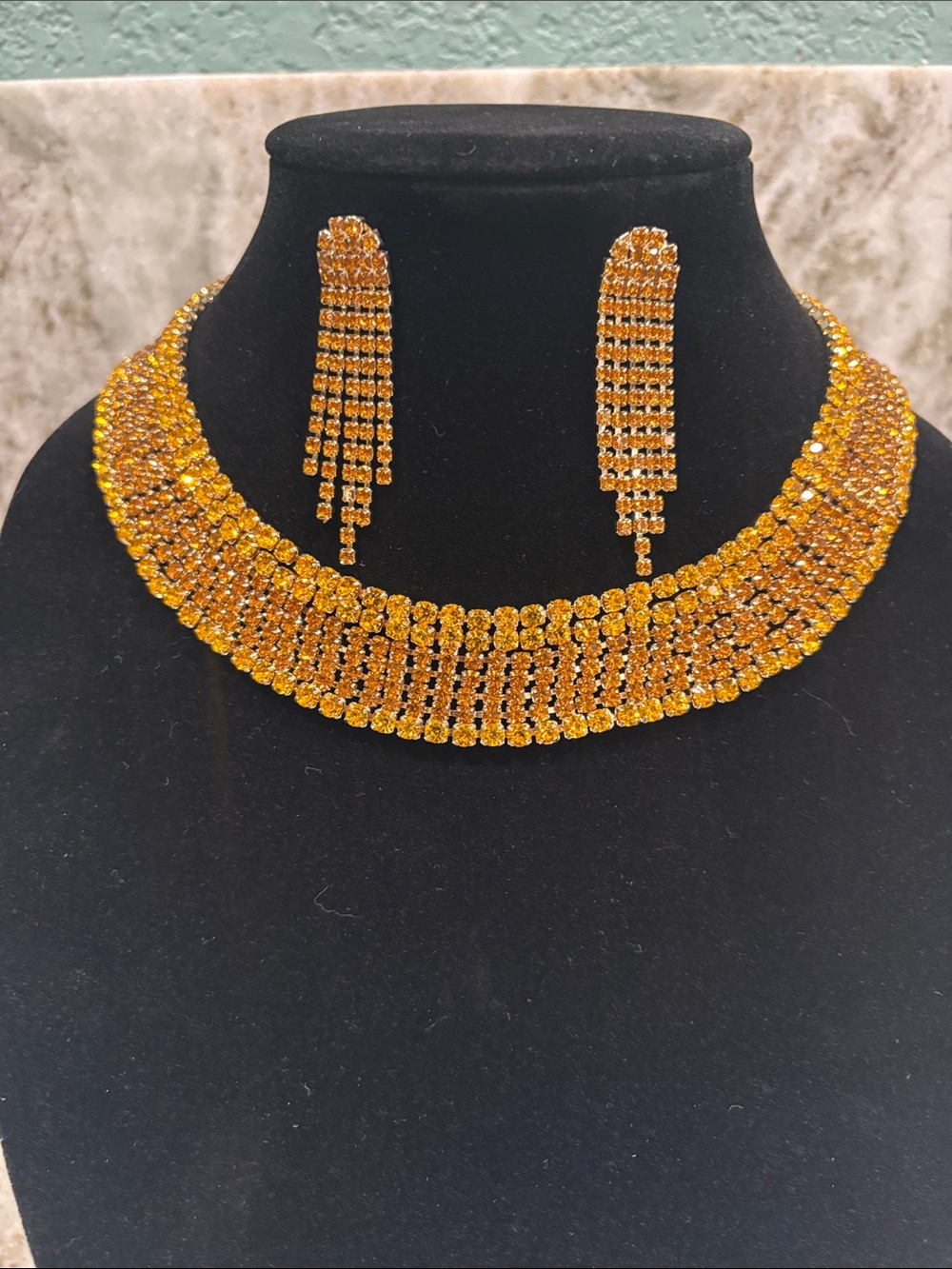 Golden Crystal Choker Necklace & Dangle Earrings Set
